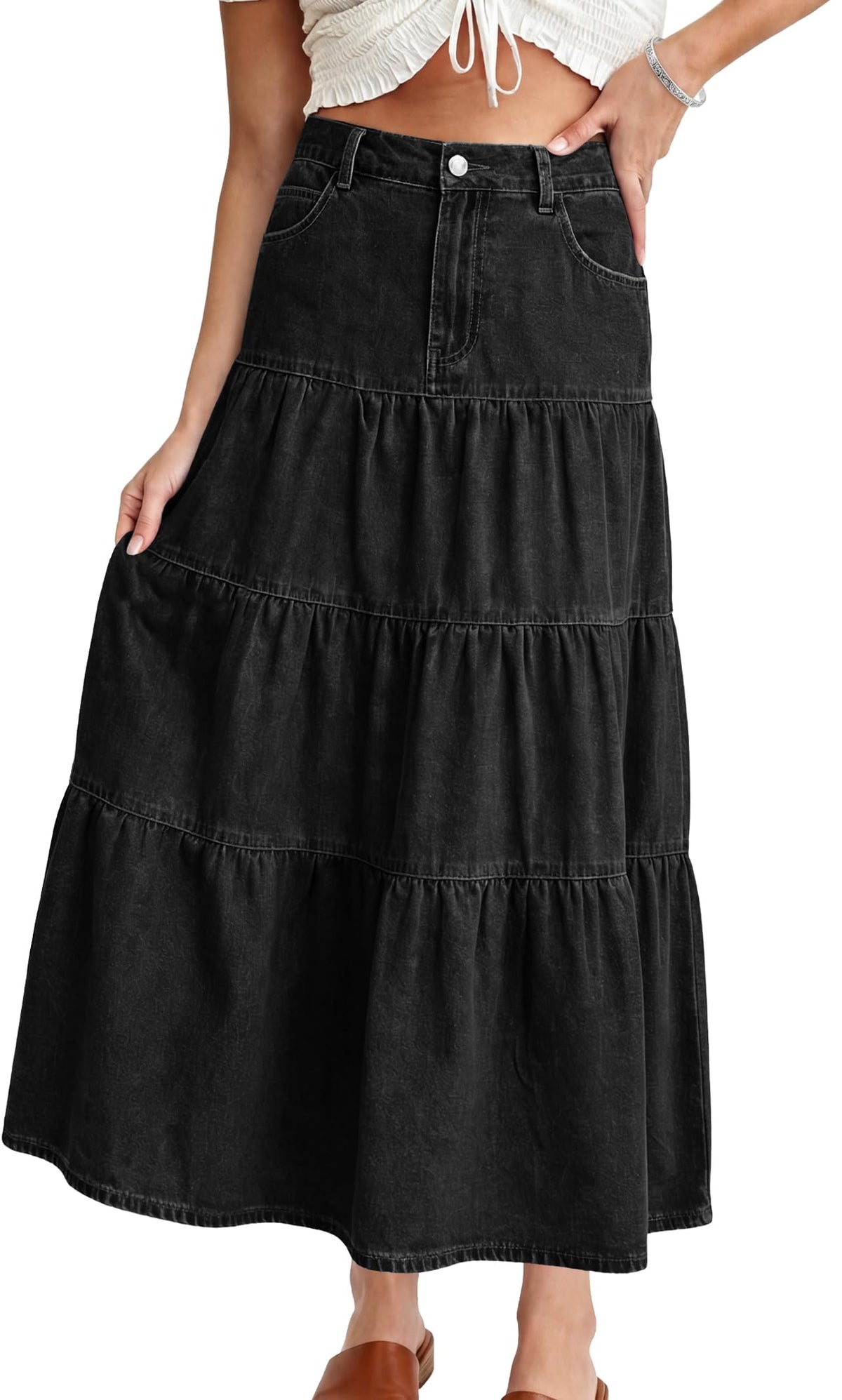 Womens Long Denim Skirt Tiered High Elastic Waist Jean Maxi Skirts