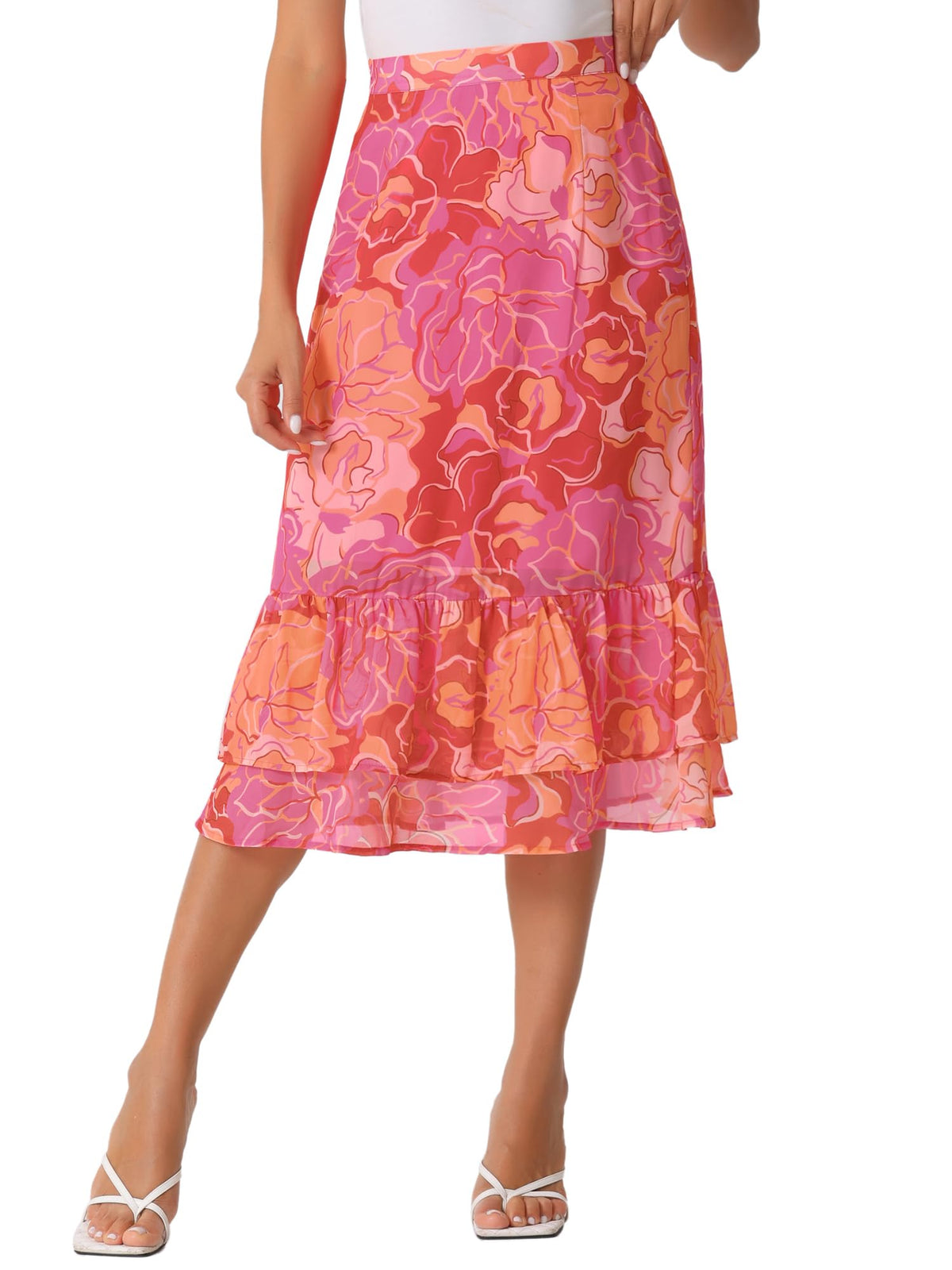 Allegra K Women's Printed Skirt Chiffon Ruffle Tiered Flowy Midi Skirts