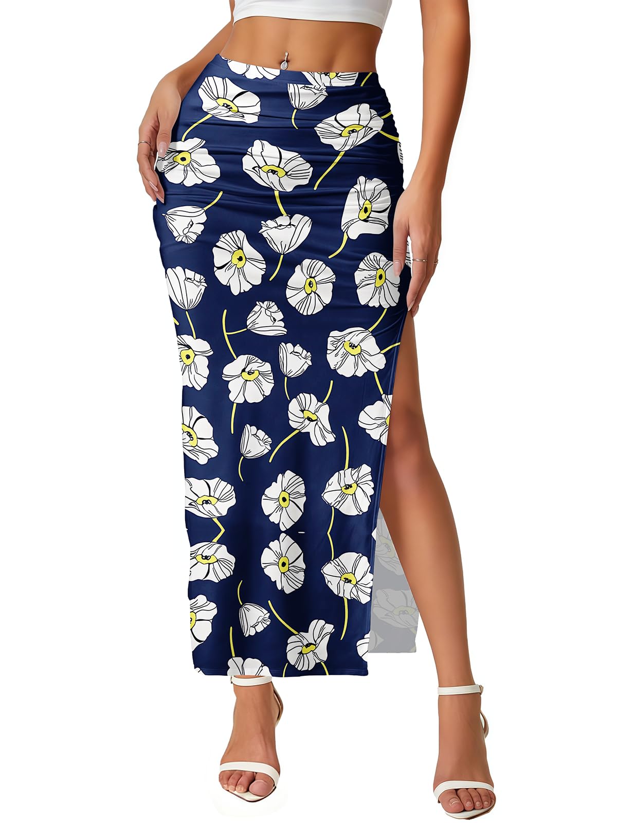 Women's Maxi Skirt Ruched Side Slit Thigh Elegant Bodycon Pencil Skirts