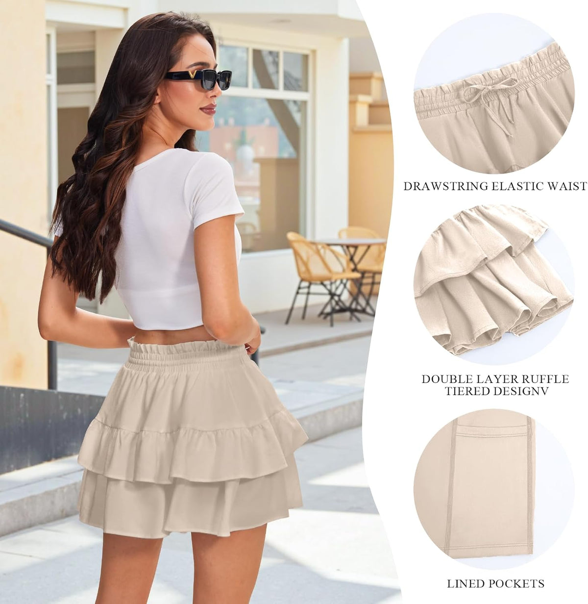 JEKAOYI Shorts for Women Ruffled Tiered Pleated Mini Skirts Boho High Waist Flowy Comfy Tennis Golf Skorts