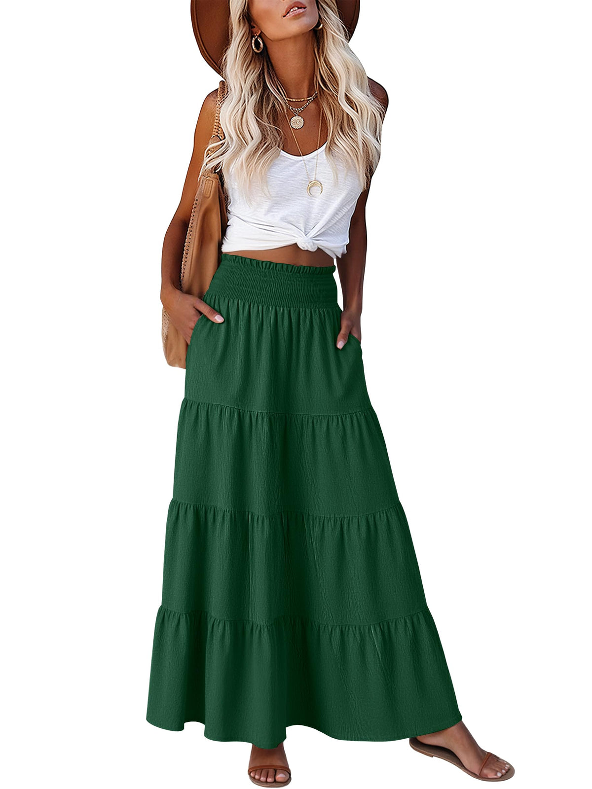 ANRABESS Womens Maxi Skirts, Elastic High Waist A-Line Tiered, Long Flowy Boho Skirts, Summer Casual Beach & Vacation Wear
