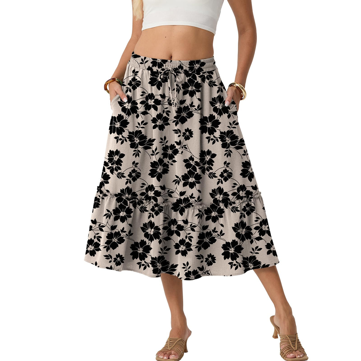 FREEOAK Skirts for Women High Waisted Tiered A Line Midi Skirt Knee Length Summer Skirts Drawstring with Pockets