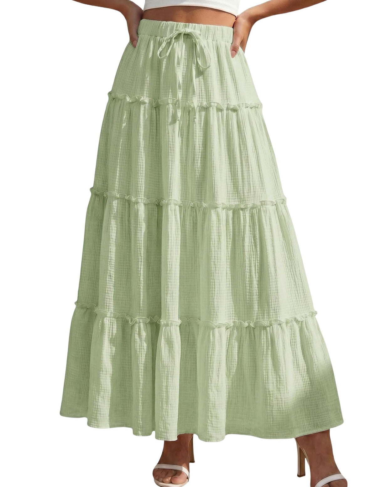 DERAX Womens Boho Maxi Skirt Flowy Ruffle Tiered High Waisted Long Skirts