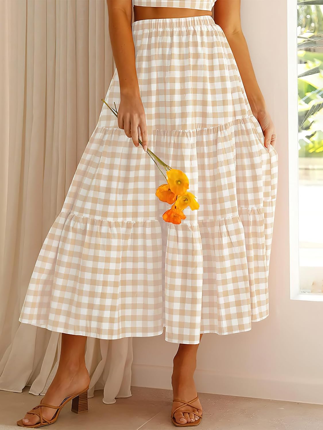 ebossy Women's Candy Color Slim Fit Elastic High Waist Plaid Gingham Tiered Flowy Boho Maxi Skirts with Pockets