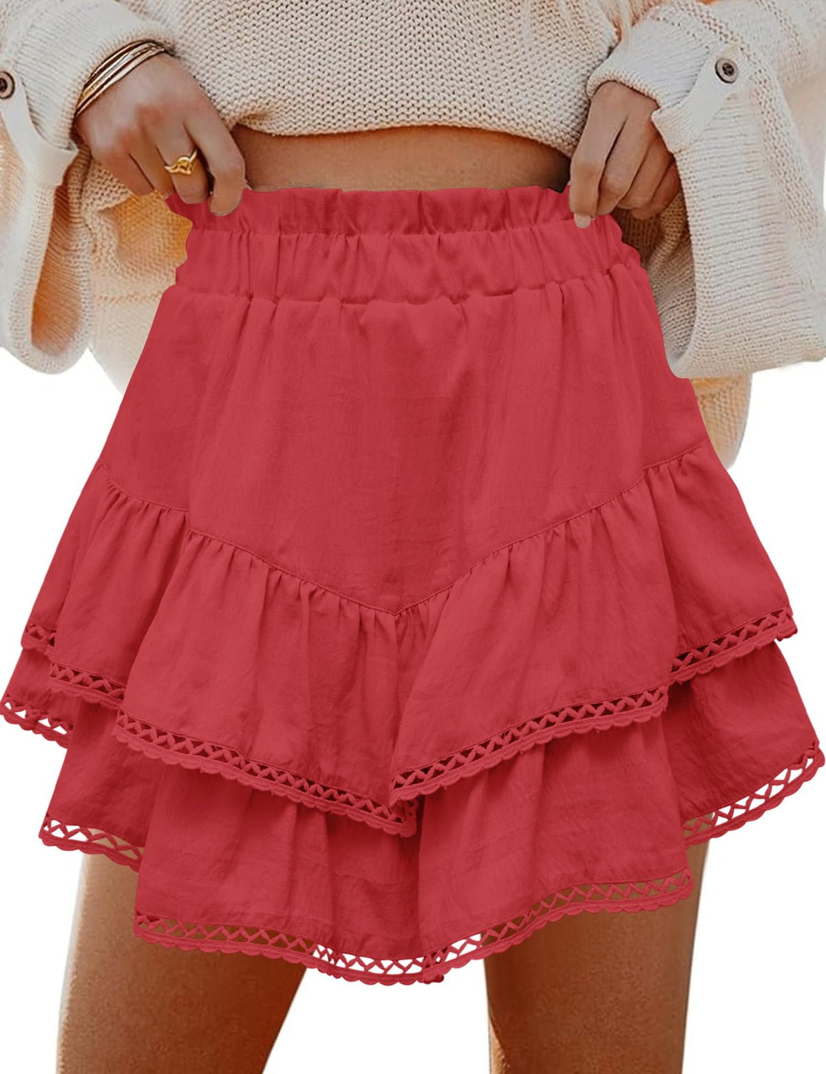 LOMON Flowy Skorts for Women Ruffle Tiered High Waist Crochet Mini Skirts