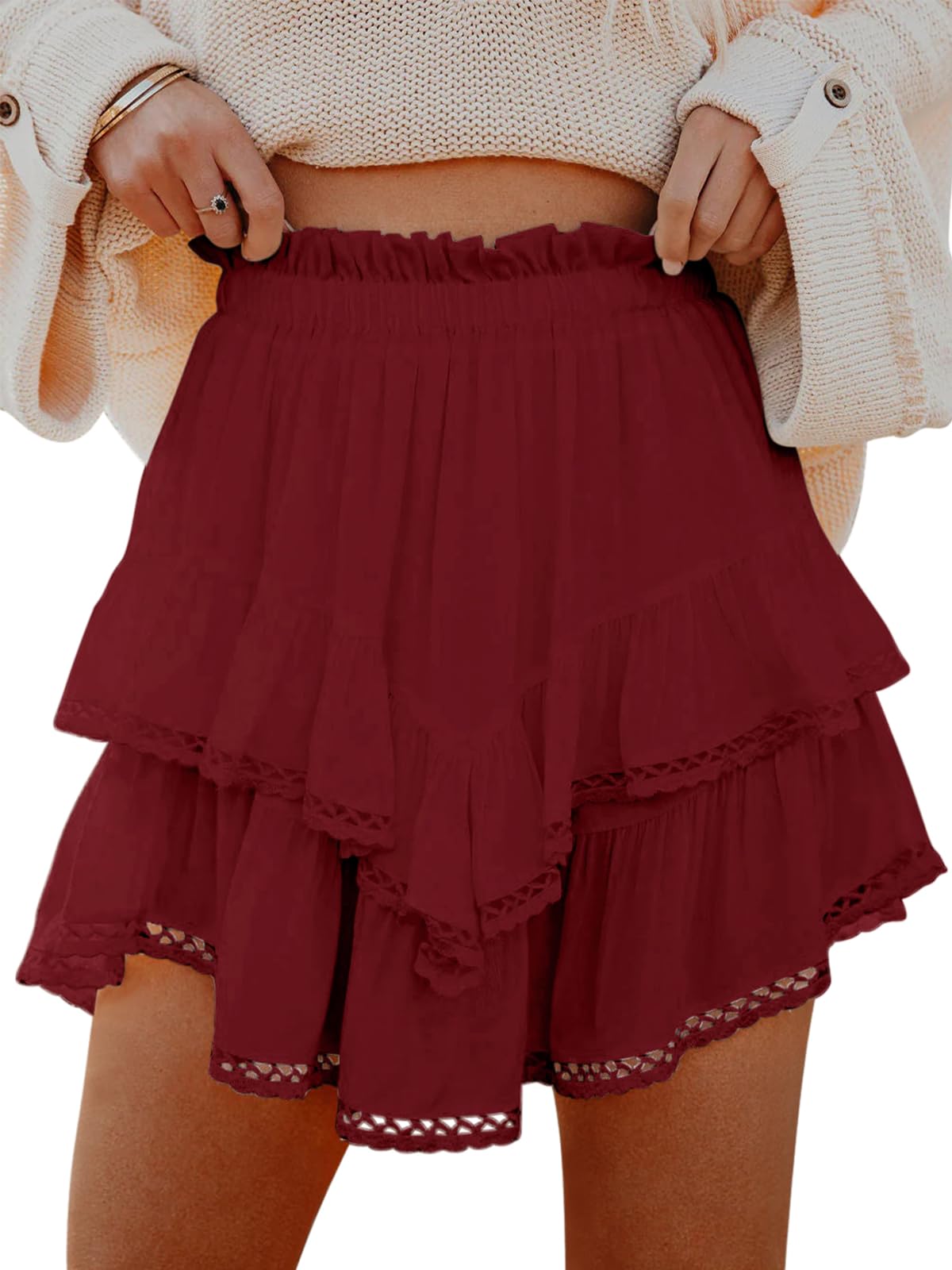 Aoudery Flowy Shorts for Women Casual Boho Ruffle Tiered Skorts High Waist Mini Skirts Golf Tennis Crochet Shorts