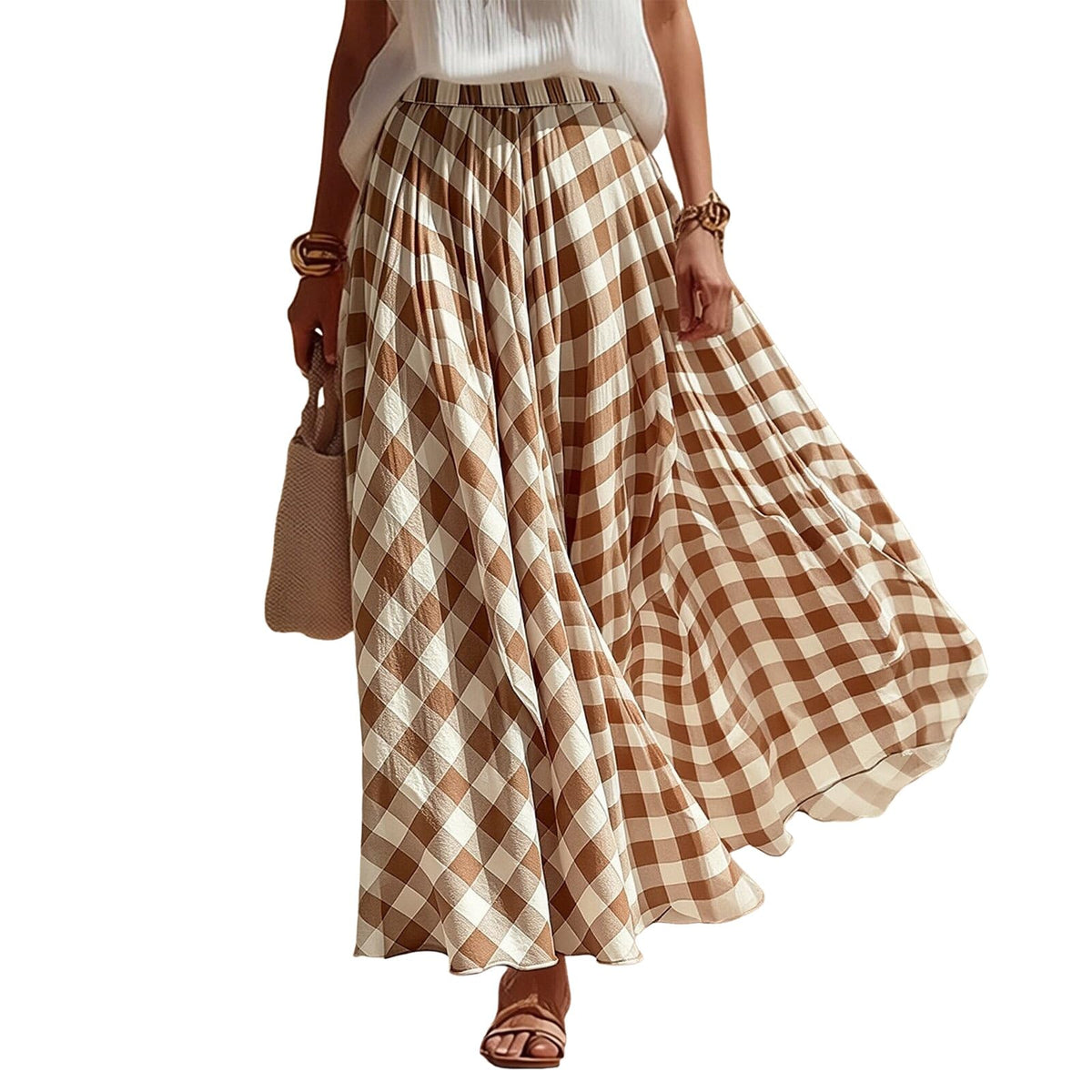Women Vintage Checkered Plaid Maxi Skirt High Waisted Flowy A Line Casual Long Skirt