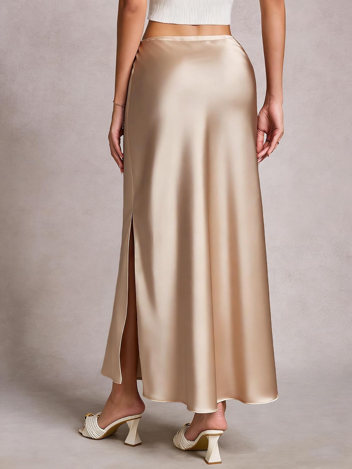 Women's Satin Silk Maxi Skirts Slit Drawstring Flared Casual A-Line Long Skirt for Women Ankle-Length Skirt