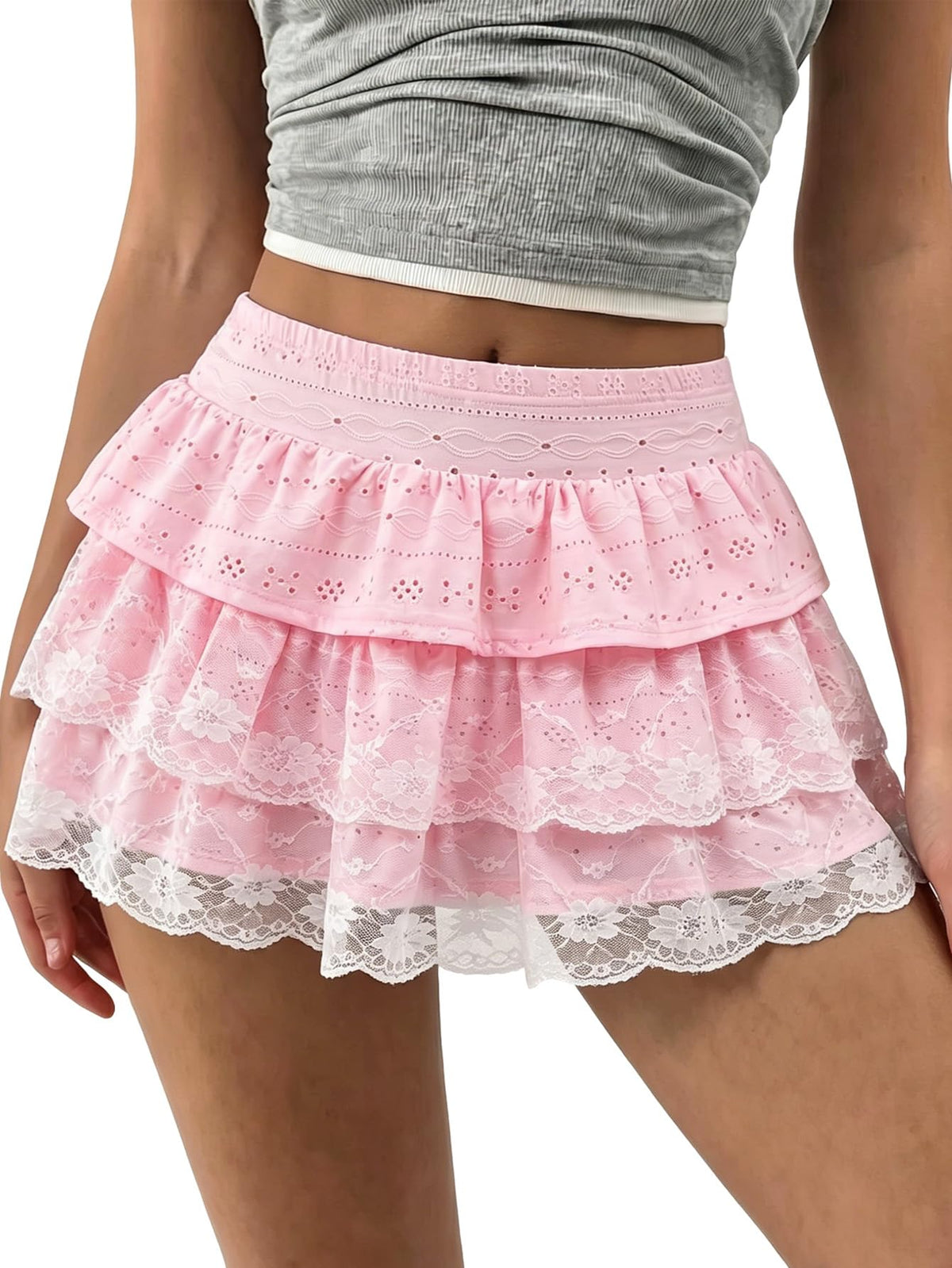 Women's Y2K Lace Mini Skirt Ruffle Layered Skirts with Shorts A Line Skort