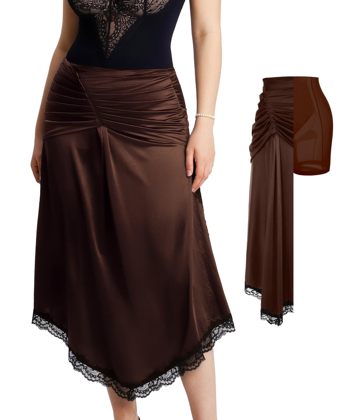Popilush Satin Midi Skirts for Women Built in Shapewear Lace Flowy Skirts