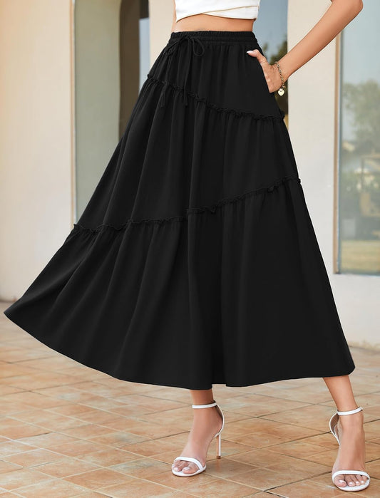 Gracyoga Womens Summer Casual Maxi Skirts Smocked Layered Tiered High Waisted A Line Flowy Long Elegant Skirt with Pockets