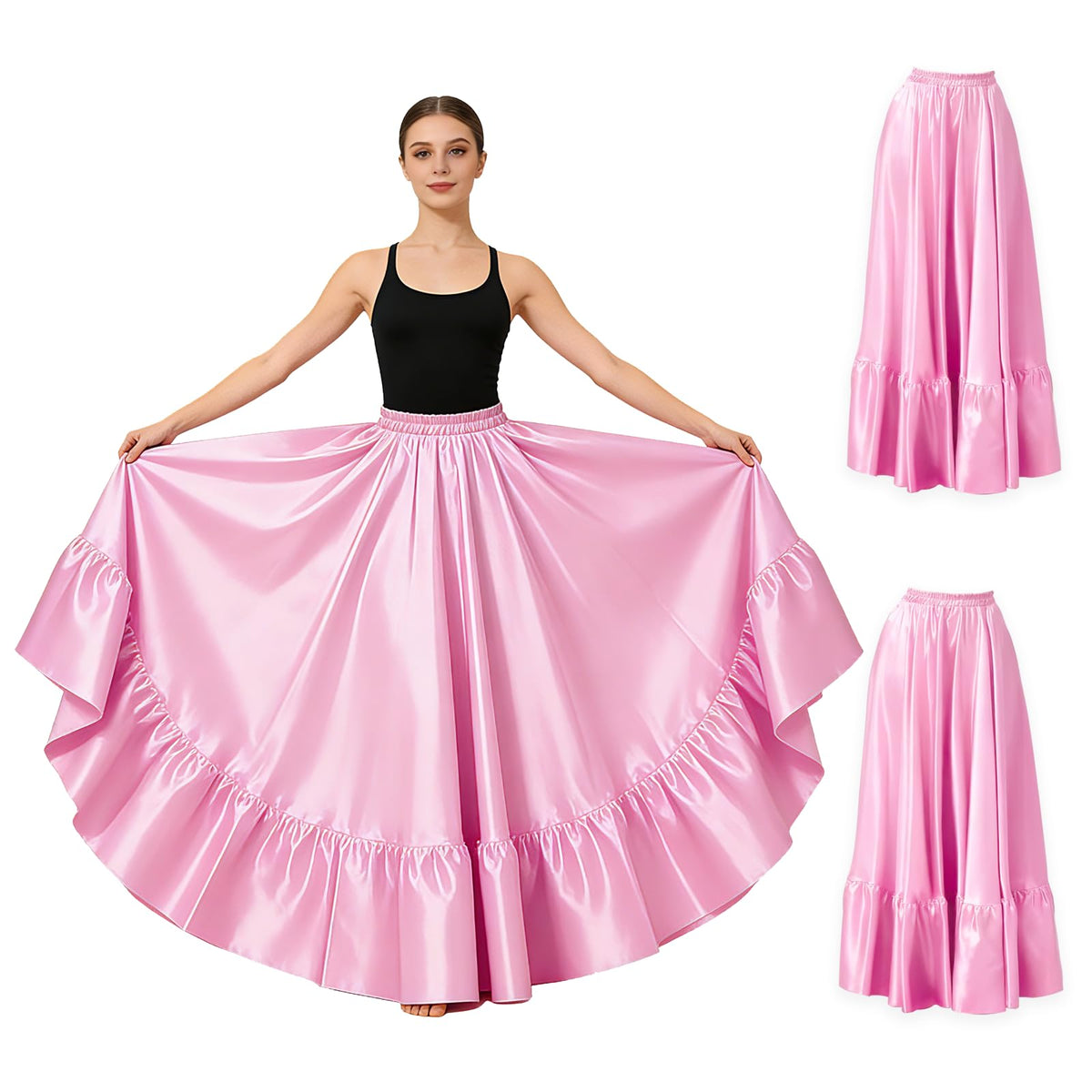2PC Satin Ruffle Ankle Long Skirt for Women Full Circle Belly Dance Skirt Women Maxi Skirt for Praise and Folklorico Dance