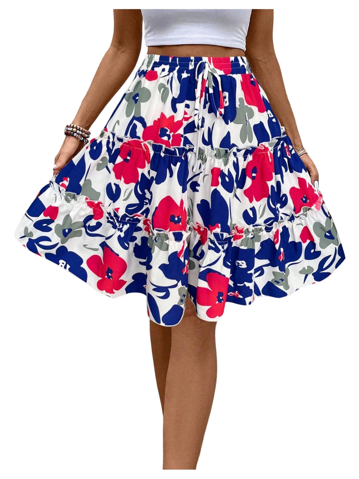 Verdusa Women's Boho Floral Tiered Ruffle Skirts Flowy Flared Summer Knee Length Midi Skirt
