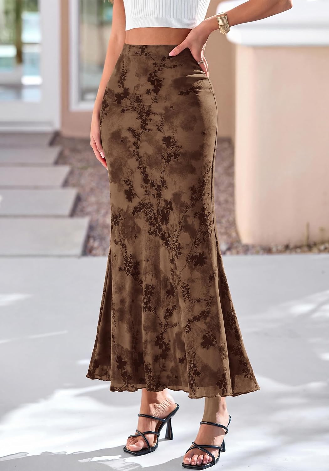 BTFBM Womens Floral Mesh Maxi Skirts