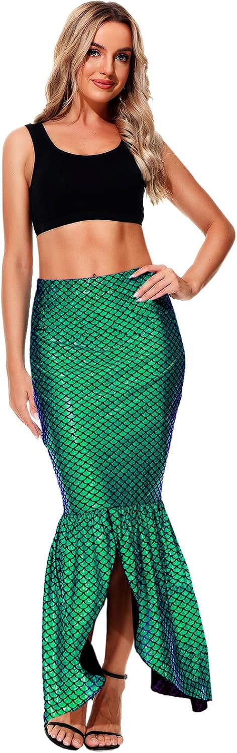 AOBUTE Women Mermaid Costume Skirt Shiny Maxi Fish Skirts Halloween Cosplay Outfits