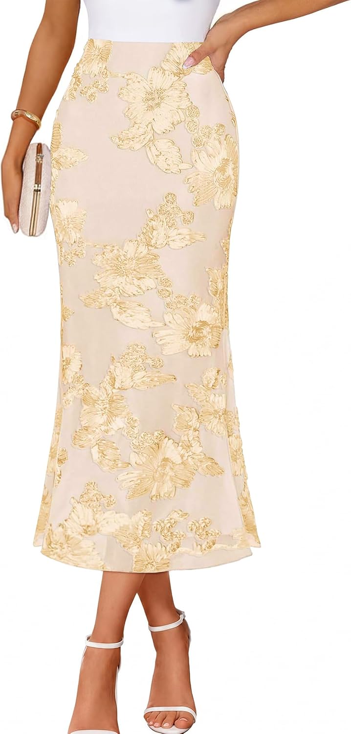 IWD Womens Floral Mesh Midi Skirt High Waisted Bodycon Mermaid Long Skirts