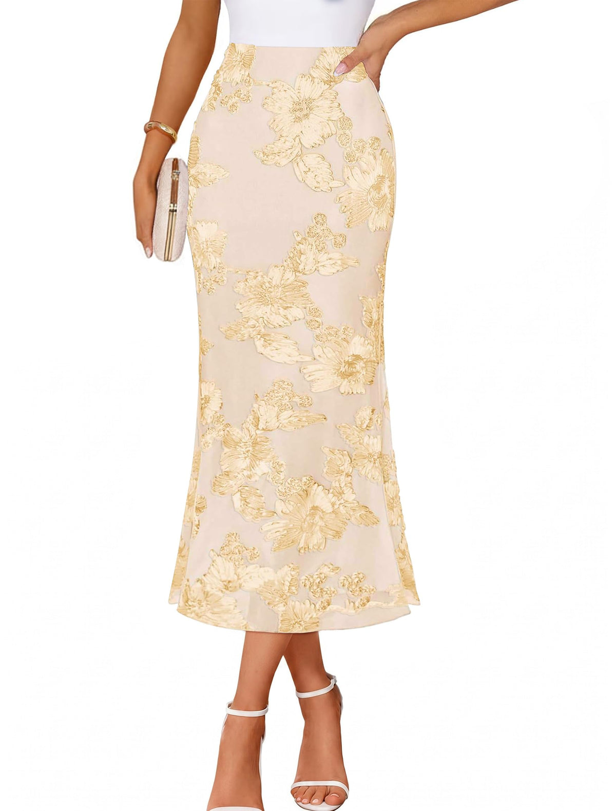 IWD Womens Floral Mesh Midi Skirt High Waisted Bodycon Mermaid Long Skirts