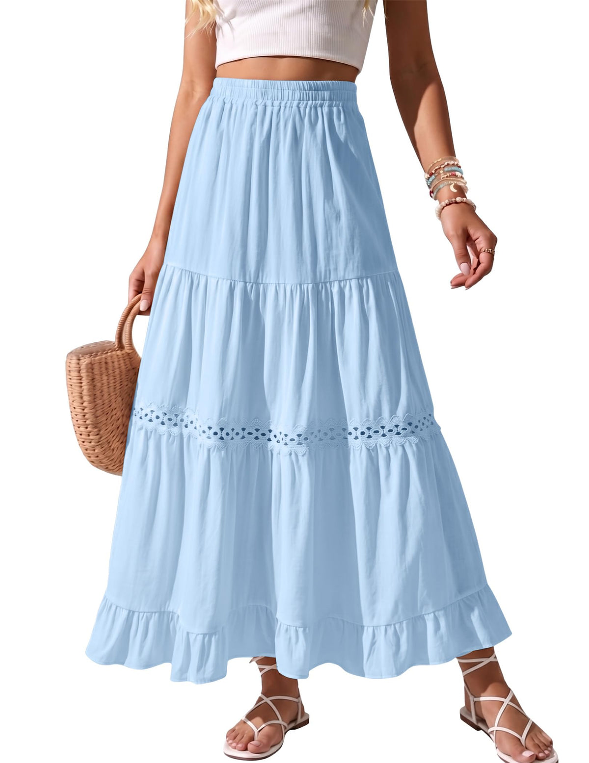 Womens Long Maxi Cotton Summer Boho Tiered A Line Skirts