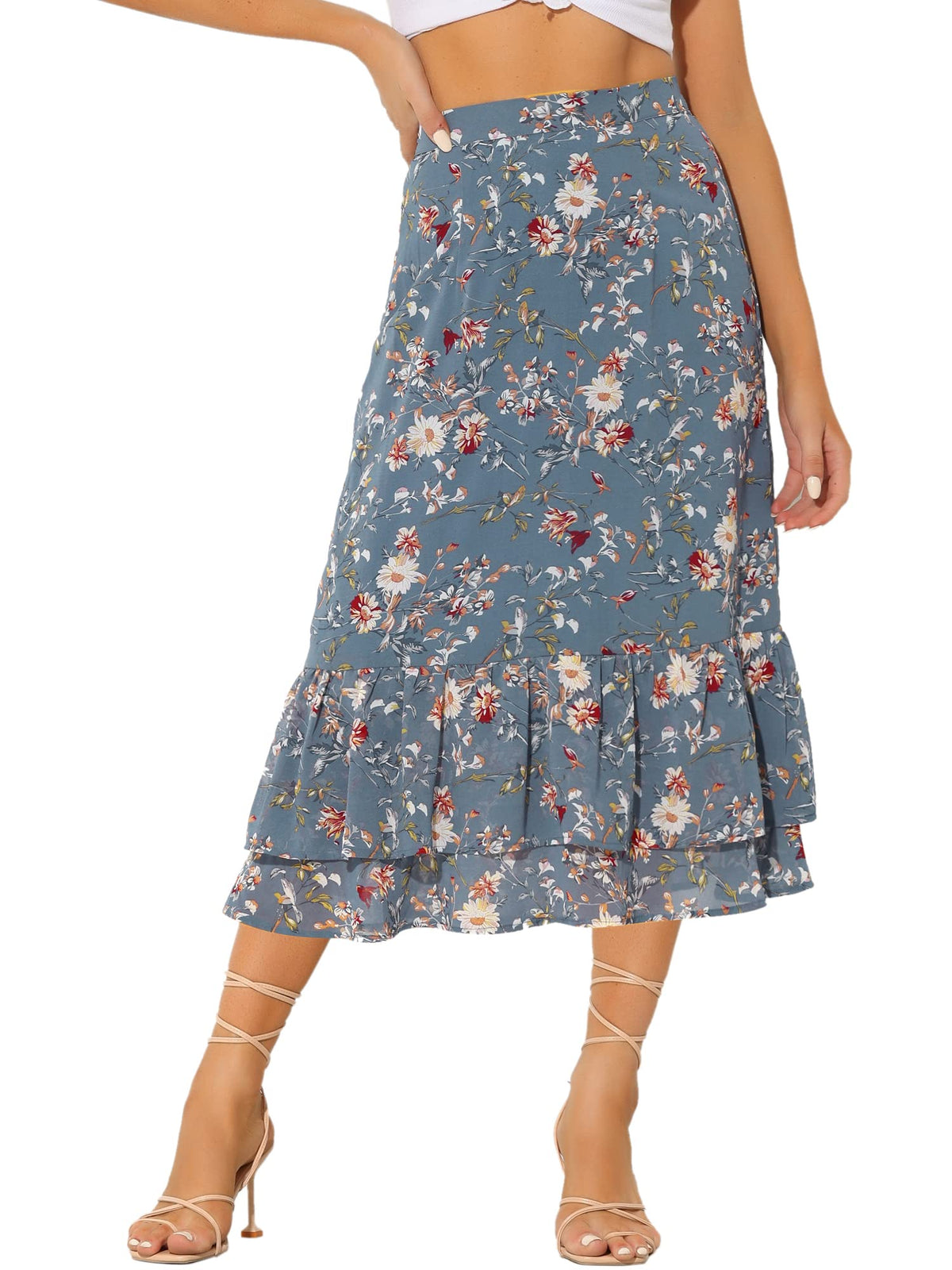 Allegra K Women's Printed Skirt Chiffon Ruffle Tiered Flowy Midi Skirts