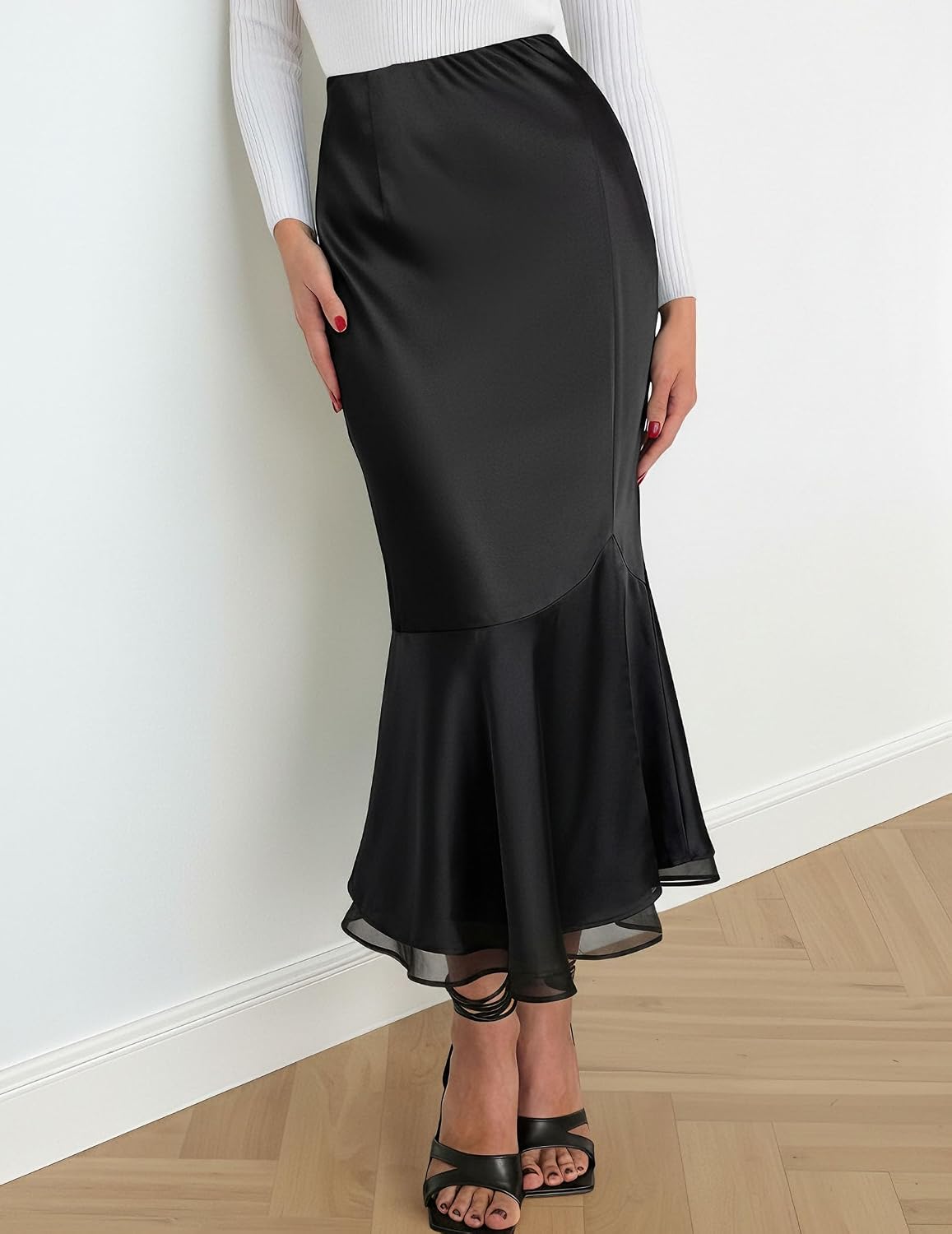 DERAX Womens Satin Silk Mermaid Midi Skirt High Waisted Fishtail Skirts