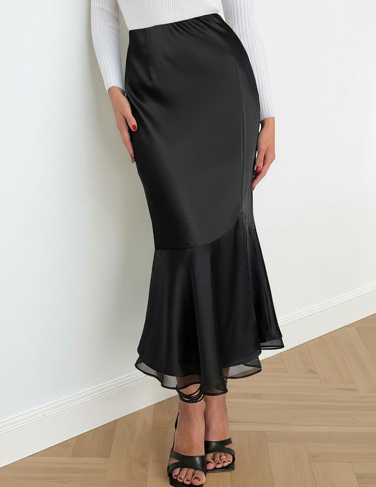 DERAX Womens Satin Silk Mermaid Midi Skirt High Waisted Fishtail Skirts