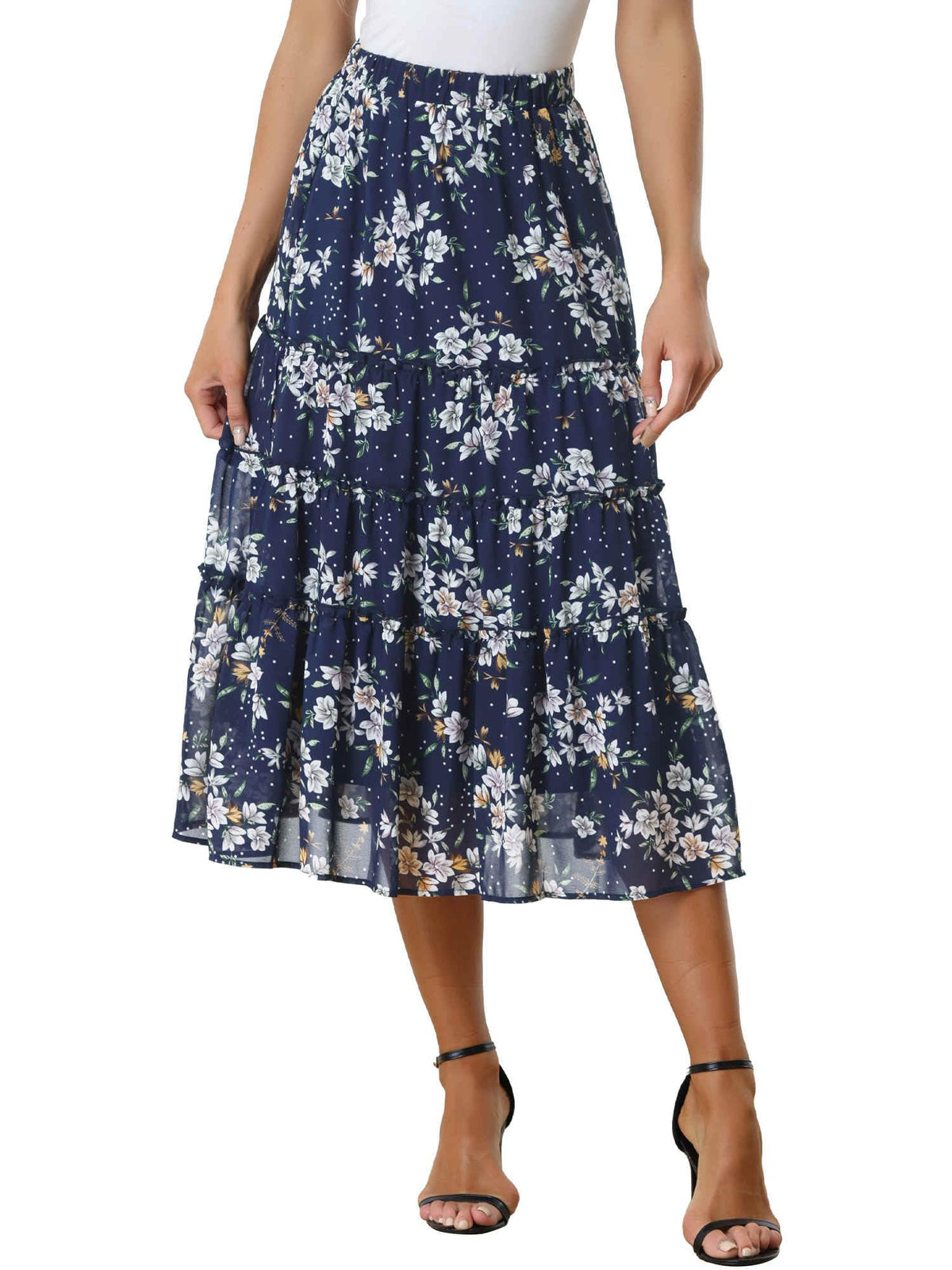 Allegra K Women's Floral Skirt Chiffon A-line Long Tiered Ruffle Maxi Skirt
