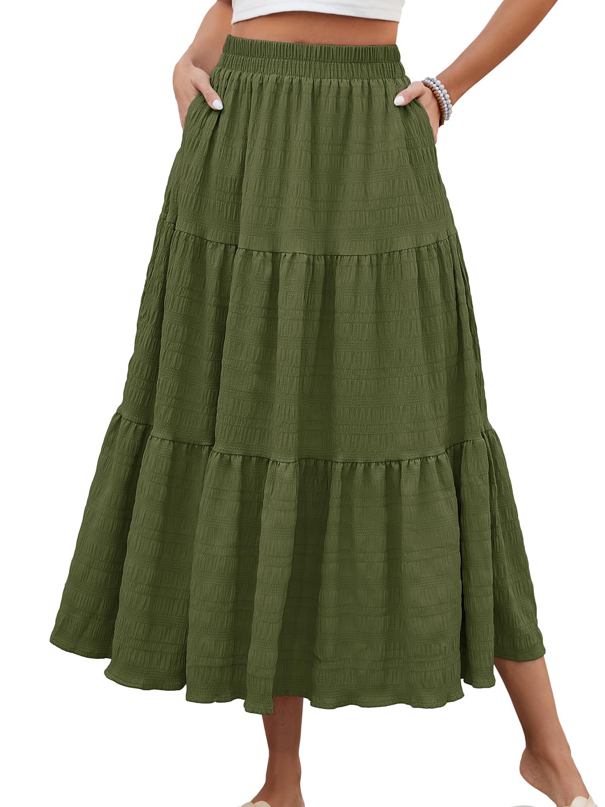 HUSKARY Women's Summer Casual Elegant Smock Layered Tiered Maxi Skirt High Waisted A Line Flowy Long Skirts with Pockets
