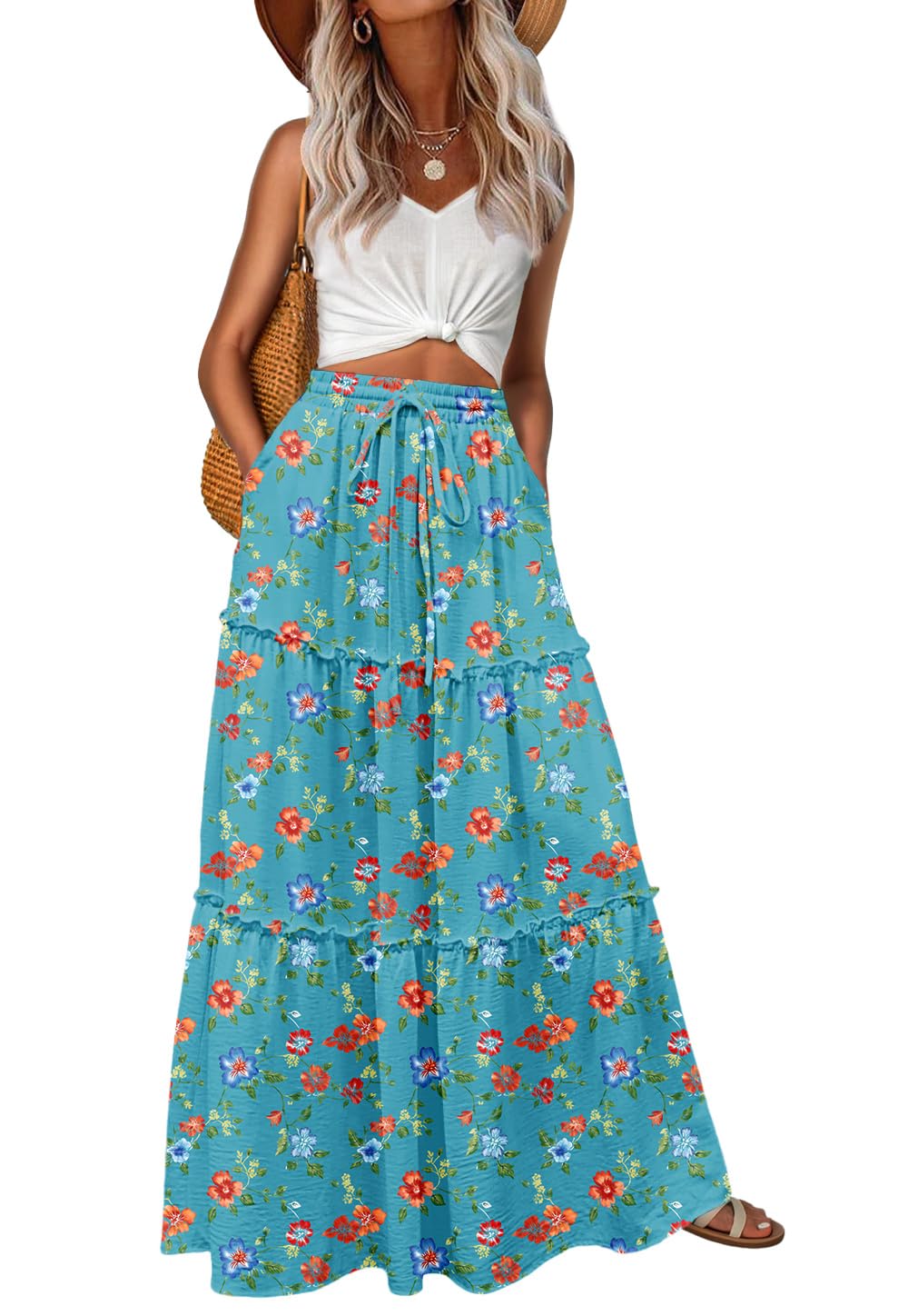 Lepunuo Womens Casual Boho High Waisted Flowy Maxi Skirts Tiered Floral Long Skirts with Pockets for Summer Beach Vacation
