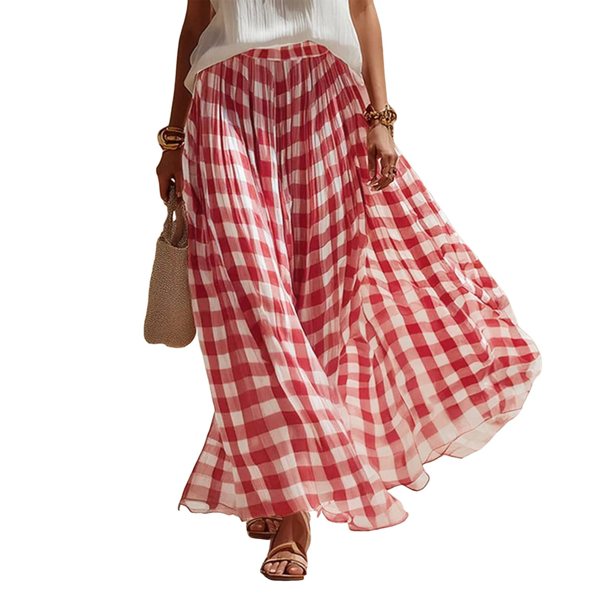 Women Vintage Checkered Plaid Maxi Skirt High Waisted Flowy A Line Casual Long Skirt
