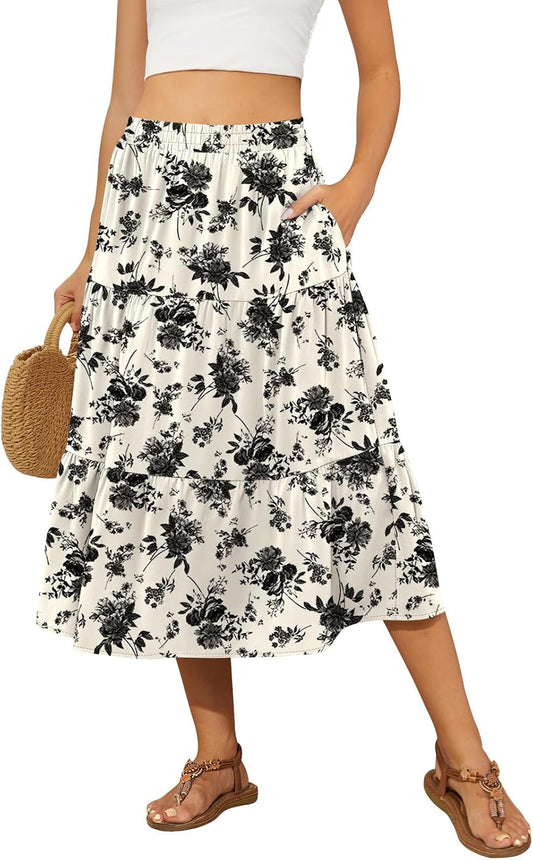 DouBCQ Women's Midi Skirt Flowy Tiered Ruffle High Waist Skirts