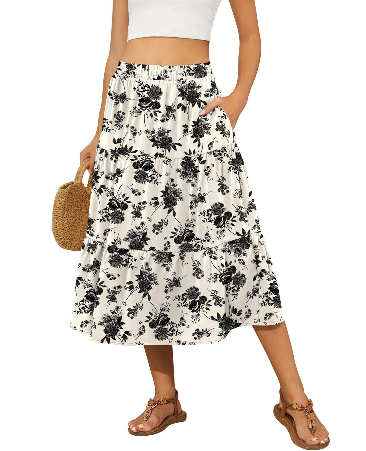 DouBCQ Women's Midi Skirt Flowy Tiered Ruffle High Waist Skirts