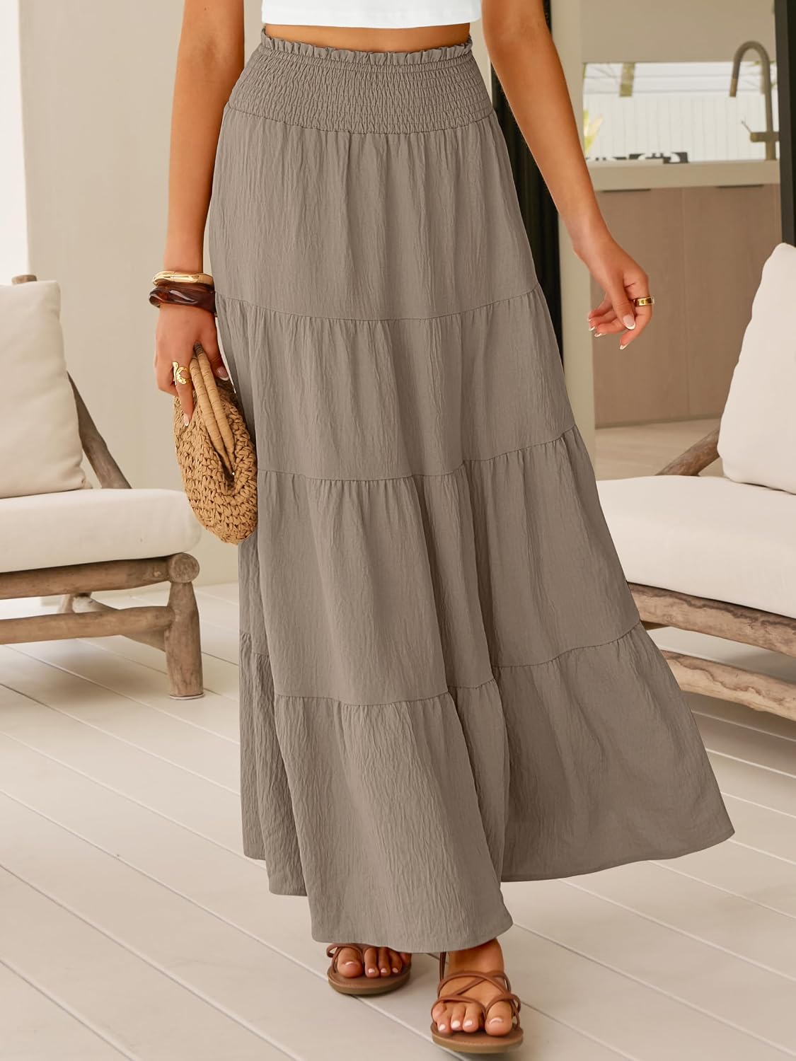 ANRABESS Womens Maxi Skirts, Elastic High Waist A-Line Tiered, Long Flowy Boho Skirts, Summer Casual Beach & Vacation Wear