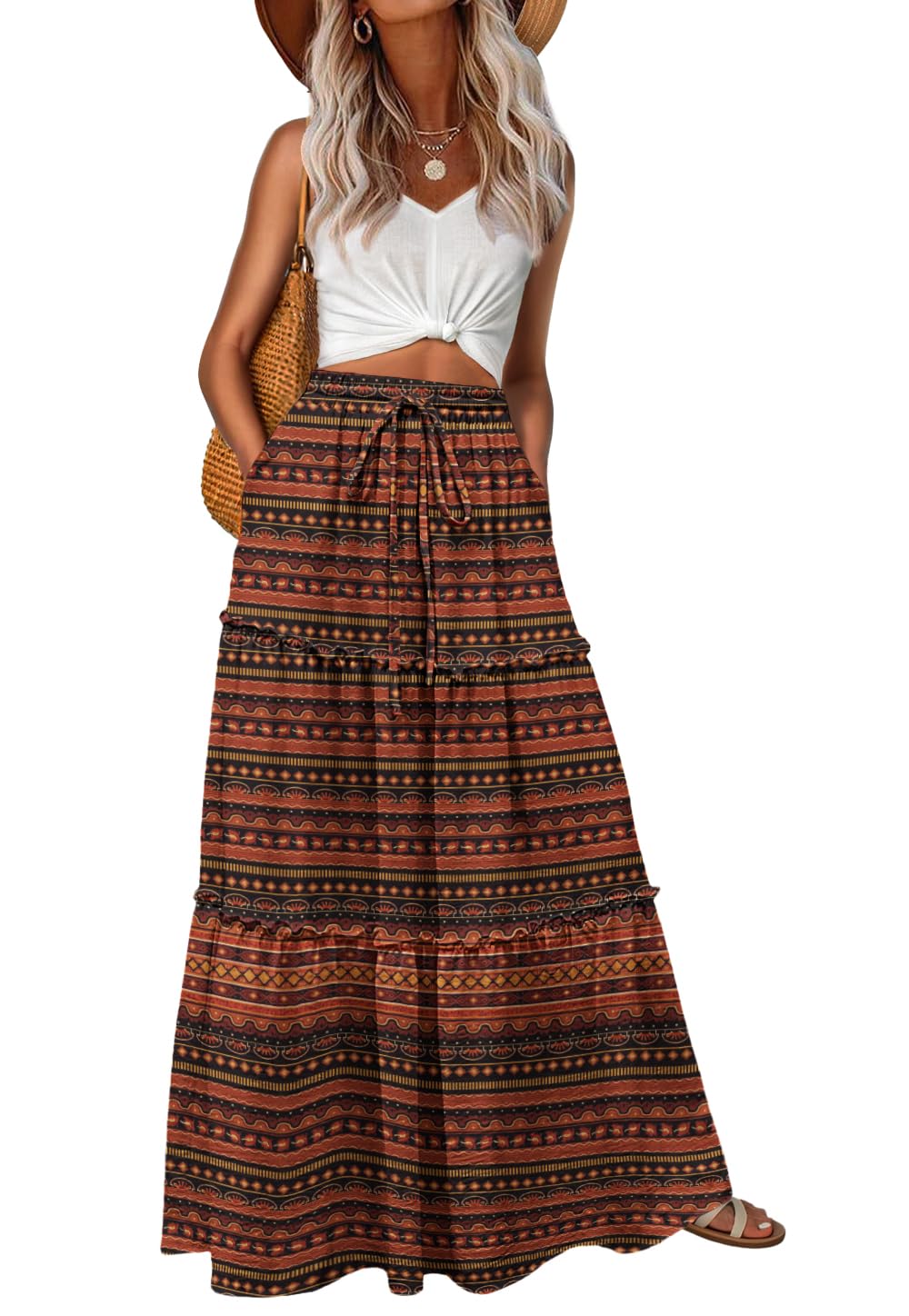 Lepunuo Womens Casual Boho High Waisted Flowy Maxi Skirts Tiered Floral Long Skirts with Pockets for Summer Beach Vacation