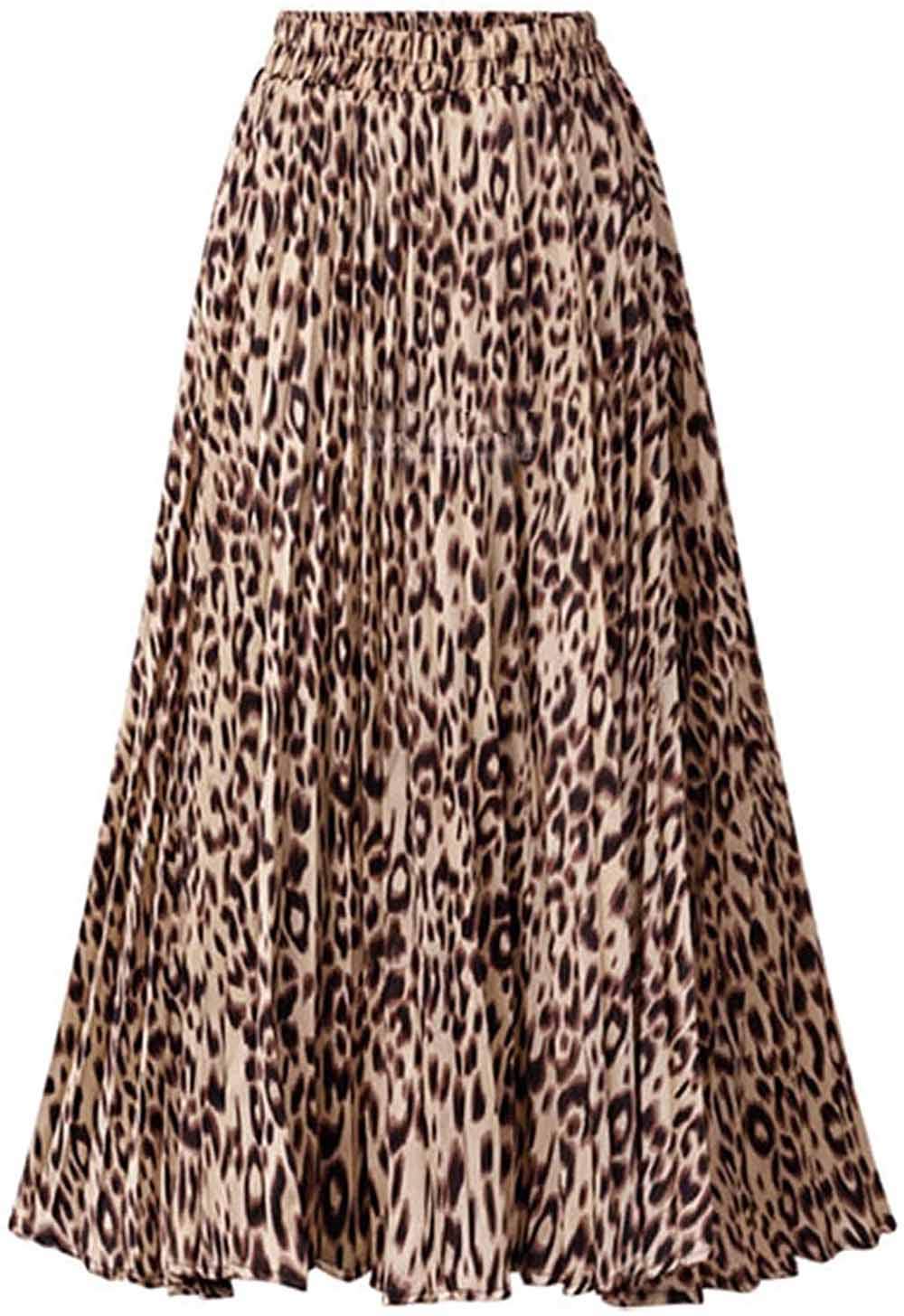 Basoteeuo Womens Skirt Leopard Print Midi Long Shirring Pleated Skirts High Waisted A Line Skirts