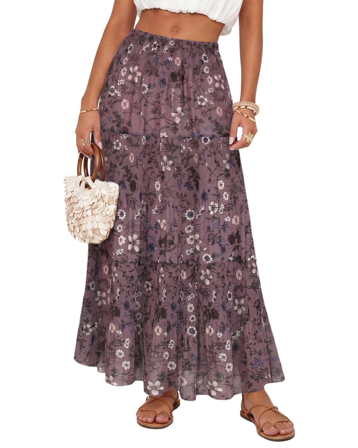 Women's Chiffon Maxi Skirt Pleated High Waisted Flowy Long Skirts