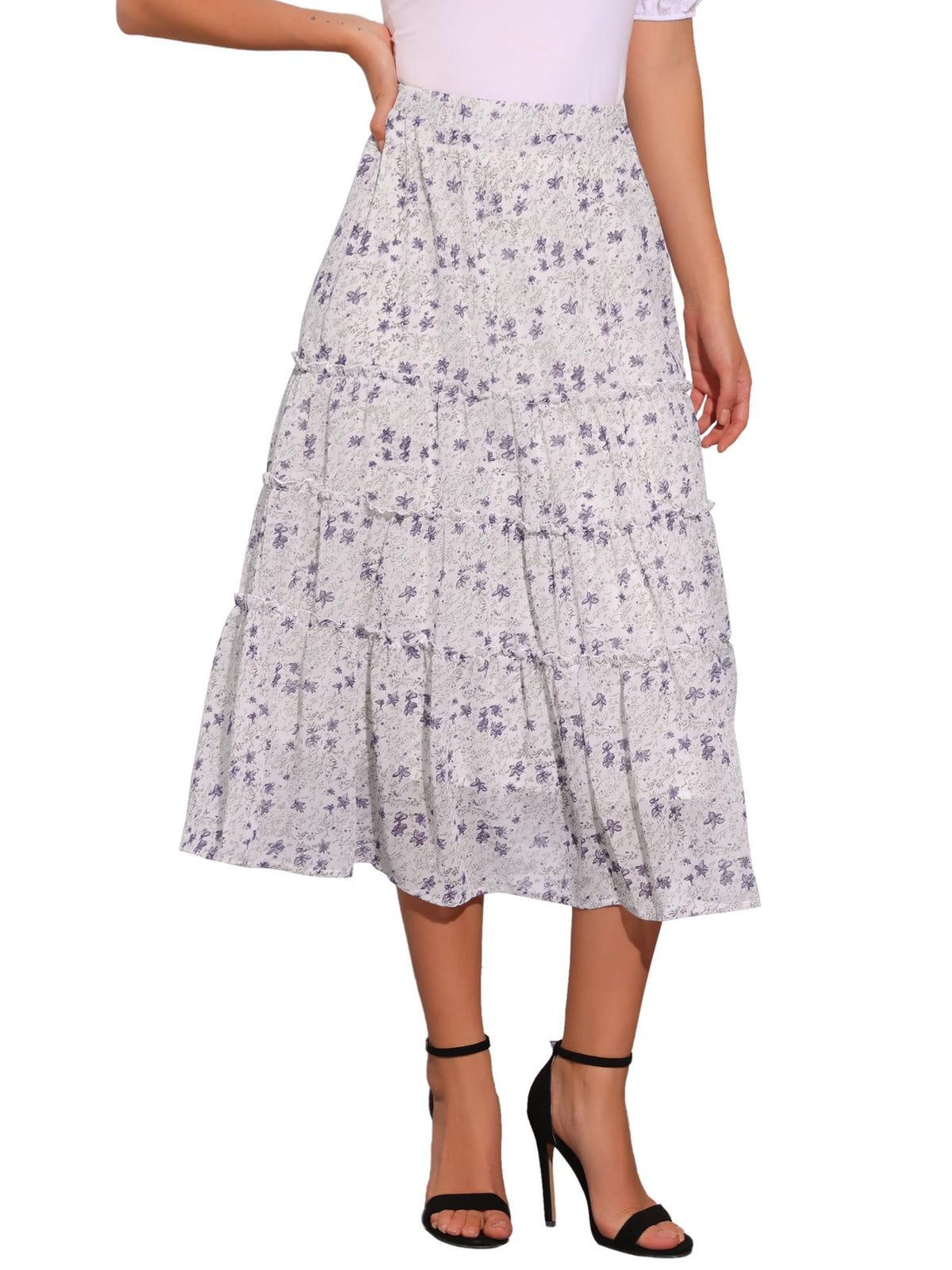 Allegra K Women's Floral Skirt Chiffon A-line Long Tiered Ruffle Maxi Skirt