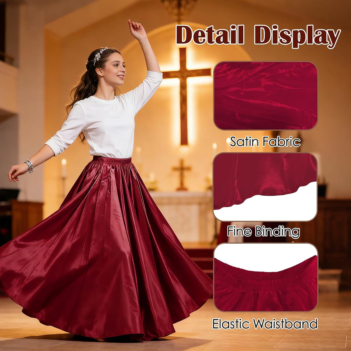 Women Satin Full Circle Ankle Length Swing Long Skirt Maxi Shiny Skirt for Party Cosplay Belly Dance Performance Costume