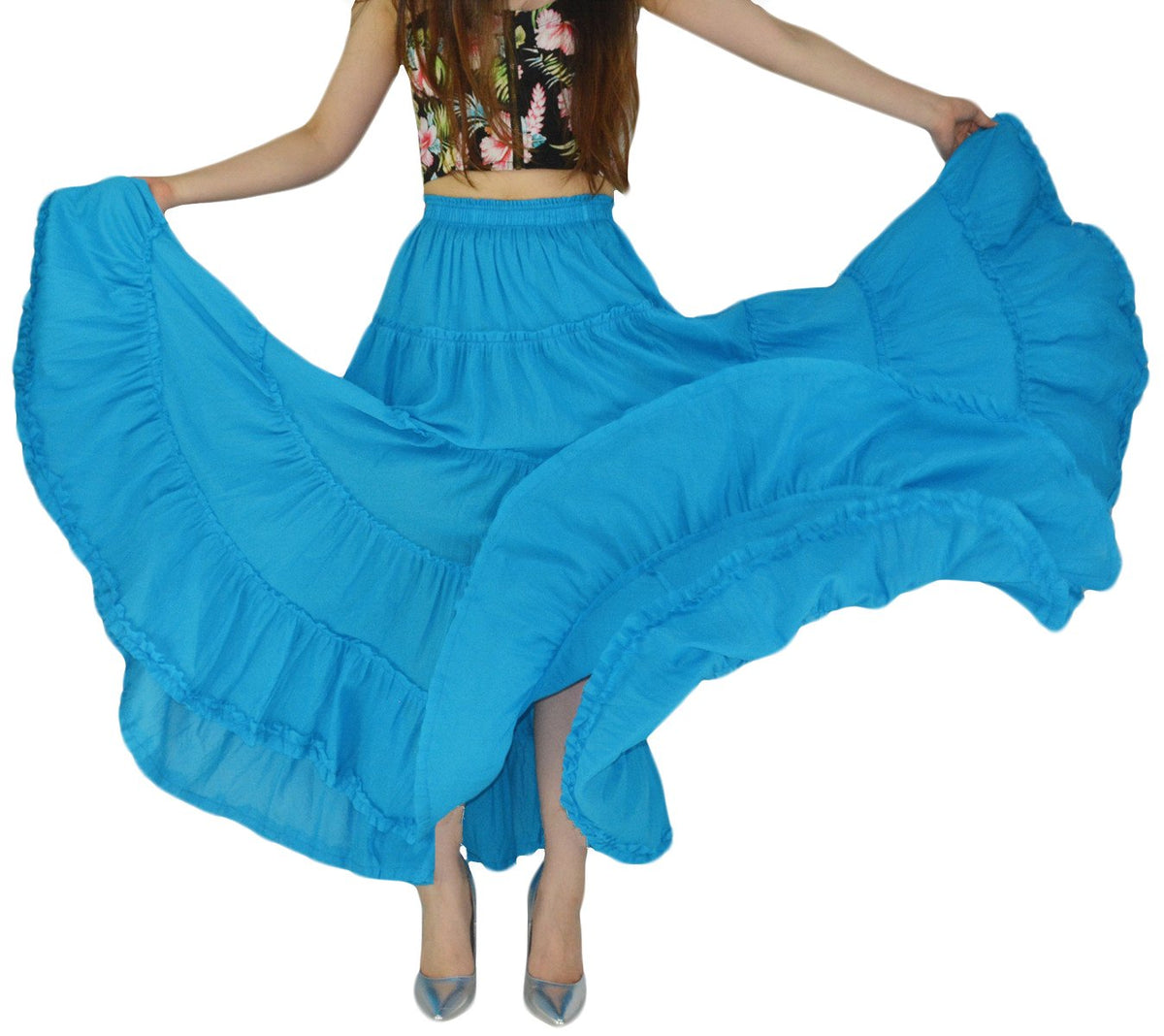 Women's Maxi Skirt Boho Pleated Cotton 5 Tiered Long A-Line Dance Skirts
