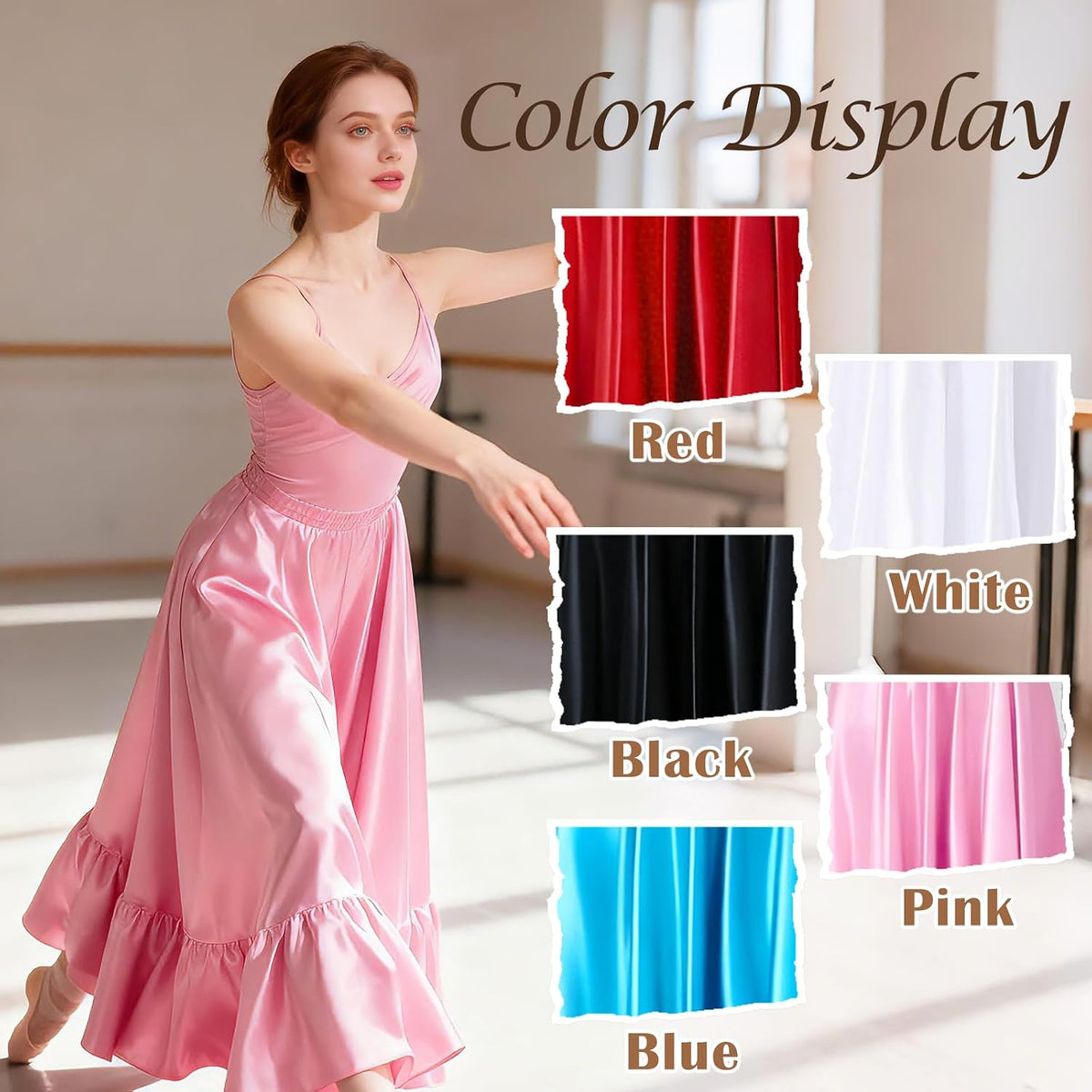 2PC Satin Ruffle Ankle Long Skirt for Women Full Circle Belly Dance Skirt Women Maxi Skirt for Praise and Folklorico Dance