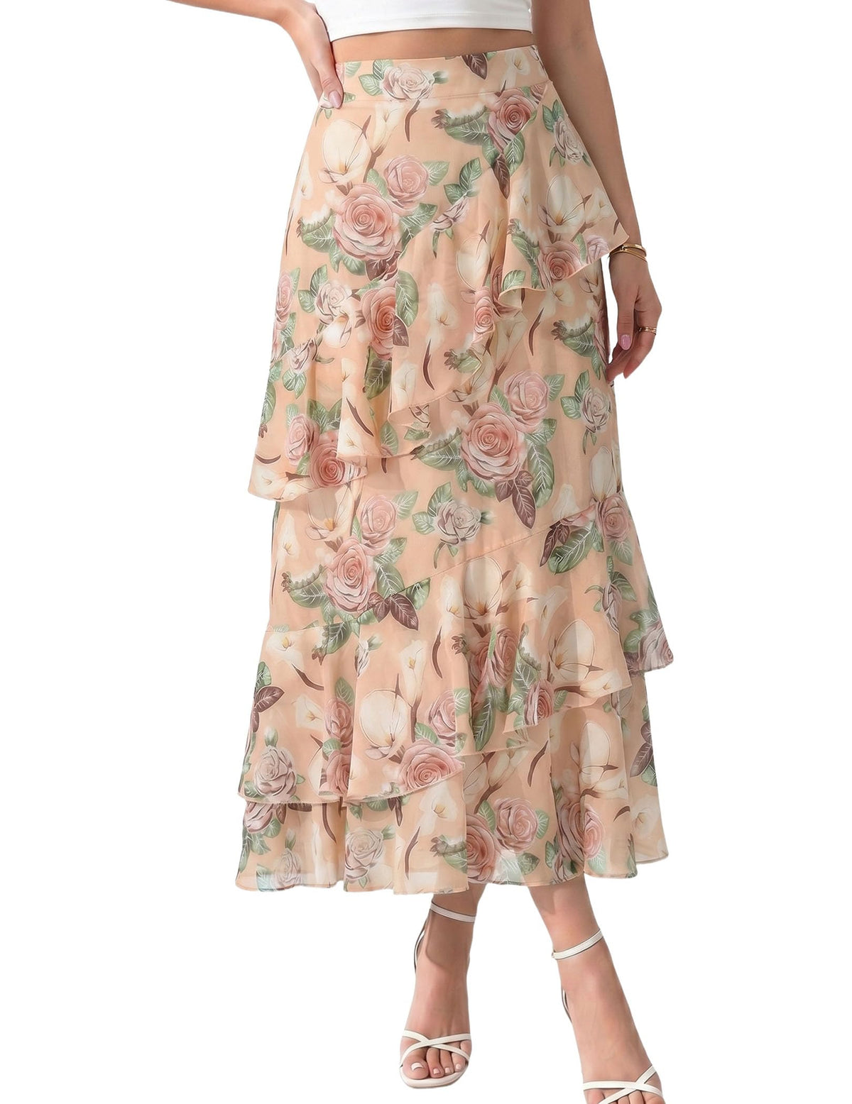 DERAX Women's Boho Floral Midi Skirt A Line Tiered Ruffle Long Skirts