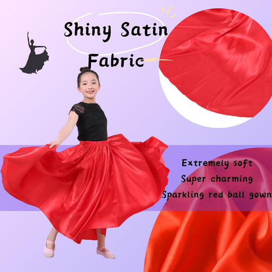 Girls Satin Full Circle Long Dance Skirt Ankle Length Shiny Satin Swing Skirt for Girls 8-12 Years Belly Dance Long Skirt
