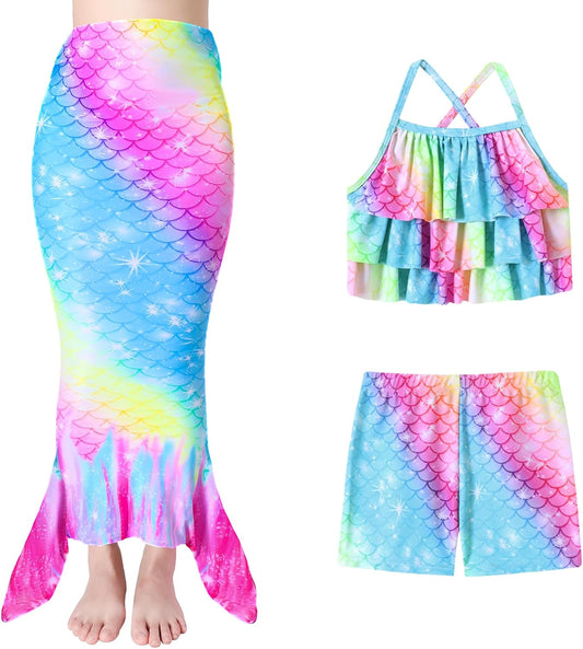 Girls Mermaid Swimwear 3 Piece Tankini Outfit for Ages 4-10
