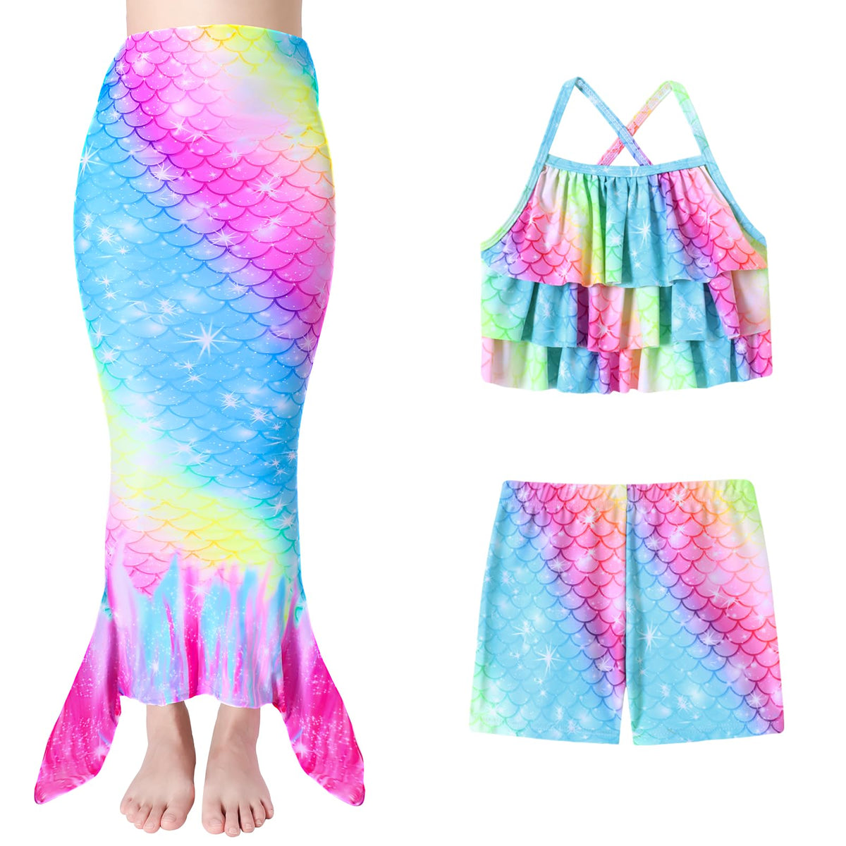 Girls Mermaid Swimwear 3 Piece Tankini Outfit for Ages 4-10