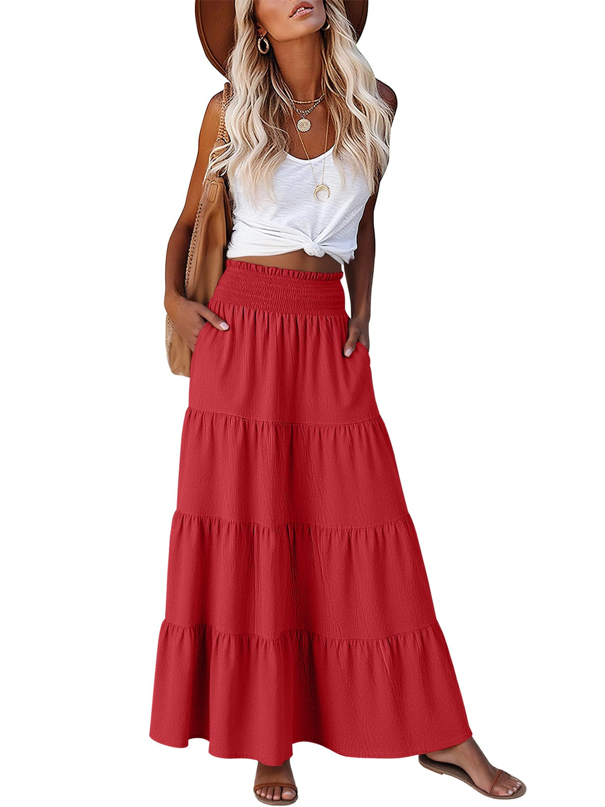 ANRABESS Womens Maxi Skirts, Elastic High Waist A-Line Tiered, Long Flowy Boho Skirts, Summer Casual Beach & Vacation Wear