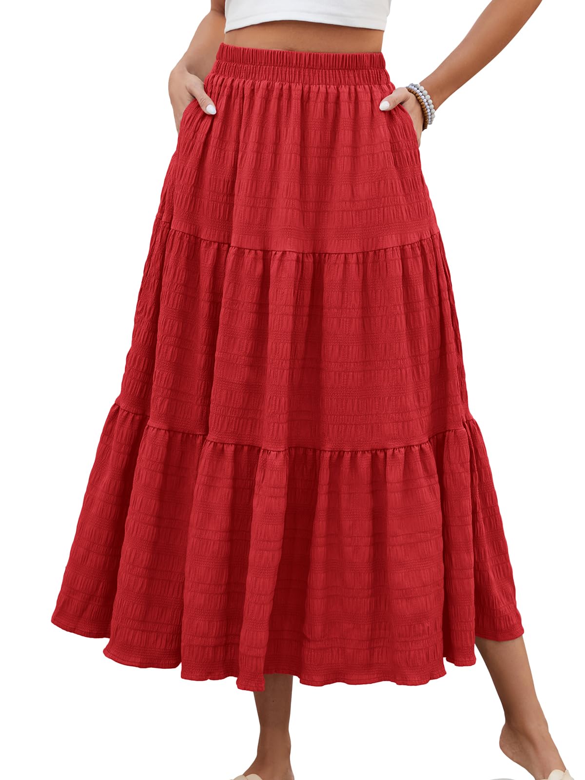 HUSKARY Women's Summer Casual Elegant Smock Layered Tiered Maxi Skirt High Waisted A Line Flowy Long Skirts with Pockets