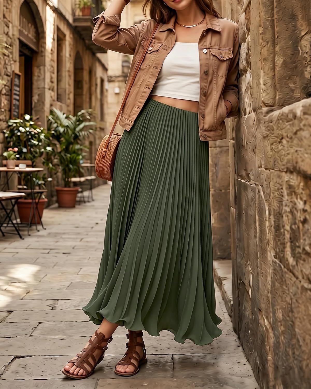 Women's Pleated Maxi Skirt High Waisted A-Line Swing Long Skirts