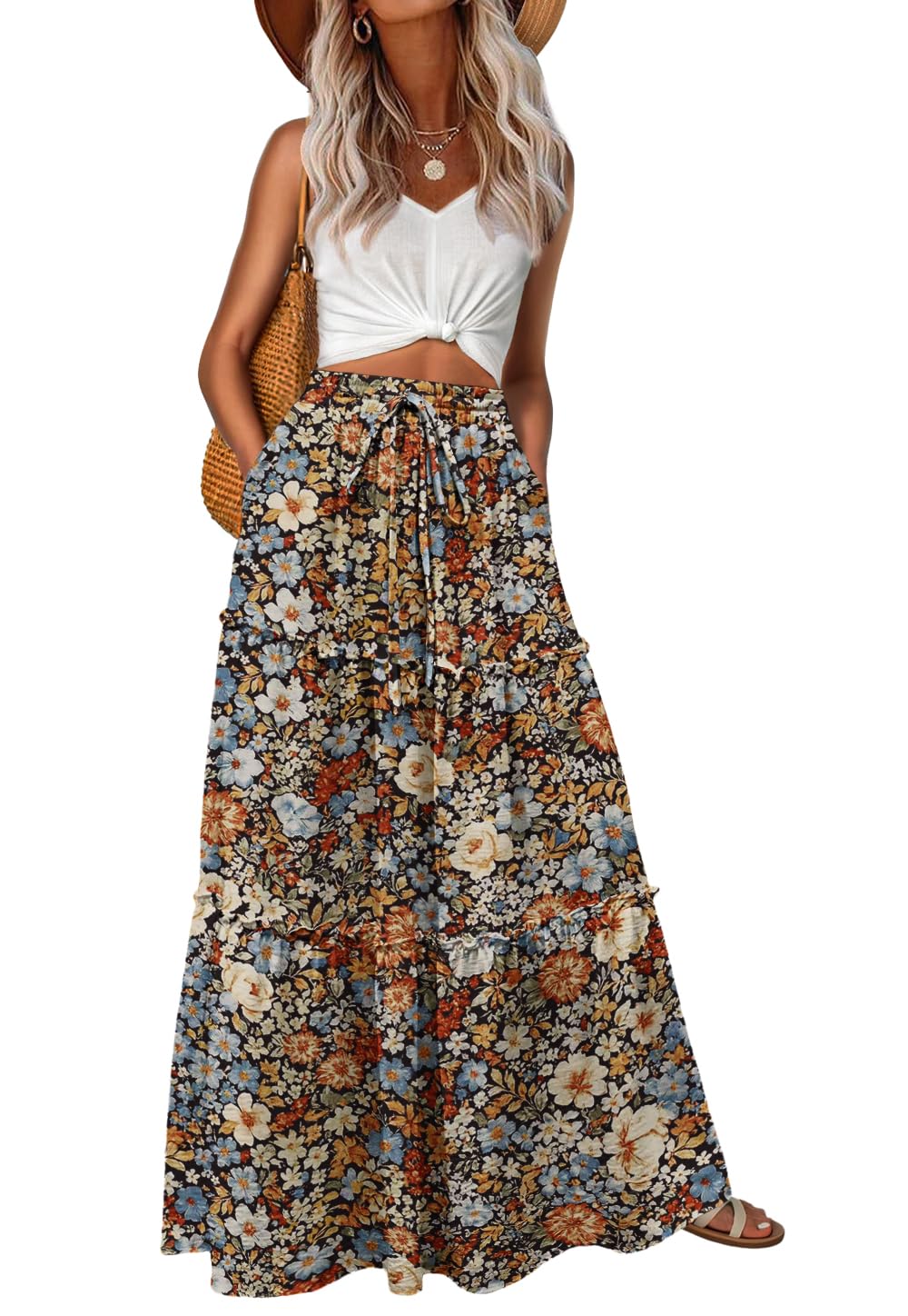 Lepunuo Womens Casual Boho High Waisted Flowy Maxi Skirts Tiered Floral Long Skirts with Pockets for Summer Beach Vacation