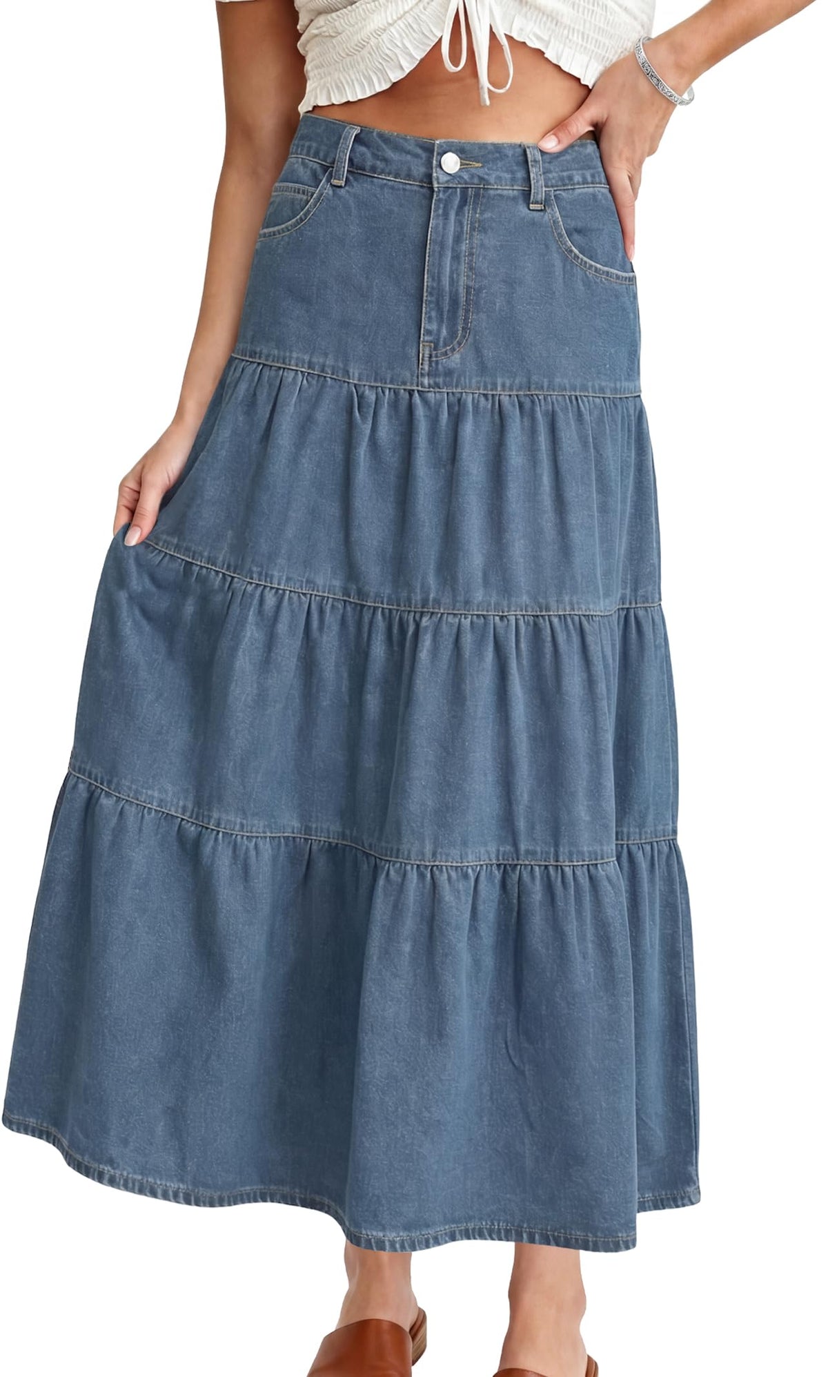 Womens Long Denim Skirt Tiered High Elastic Waist Jean Maxi Skirts