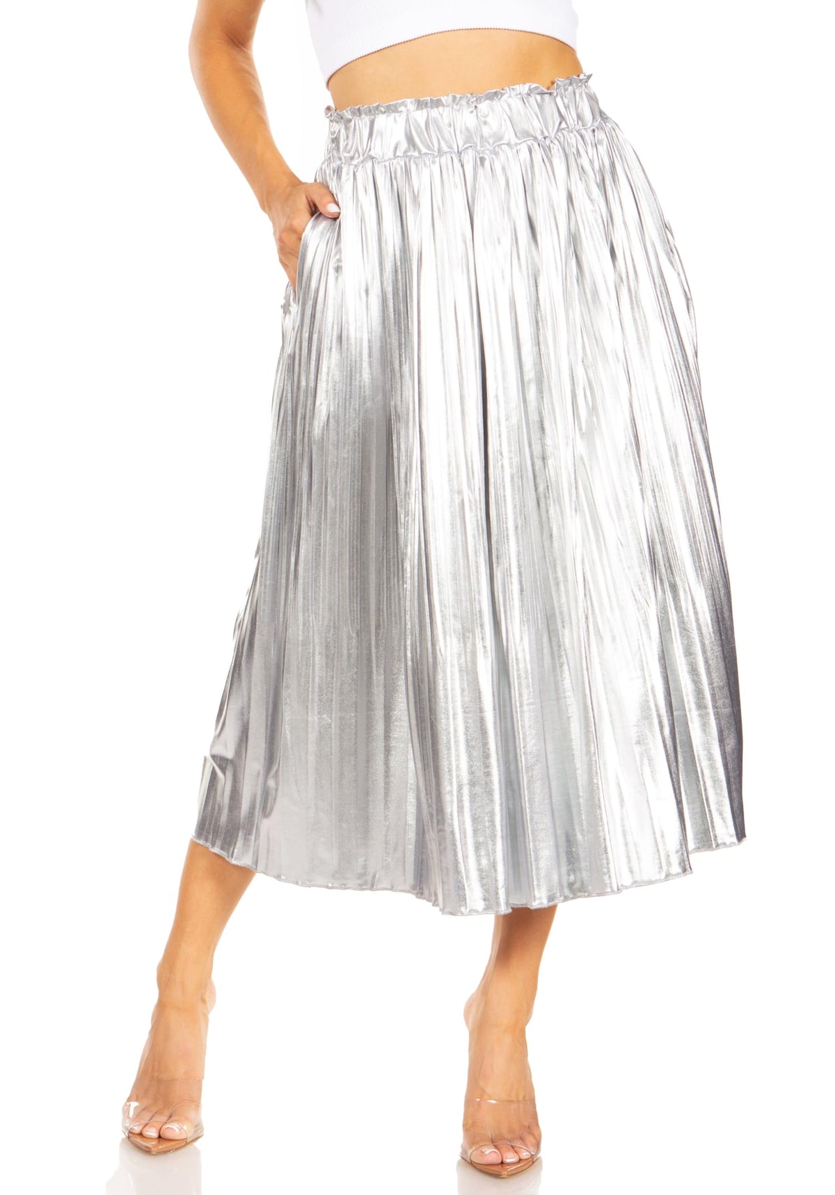 Simlu Pleated Midi Skirts for Women with Pockets, Elastic High Waisted Skirt Reg & Plus Size Womens Summer Skirts Trendy 2023