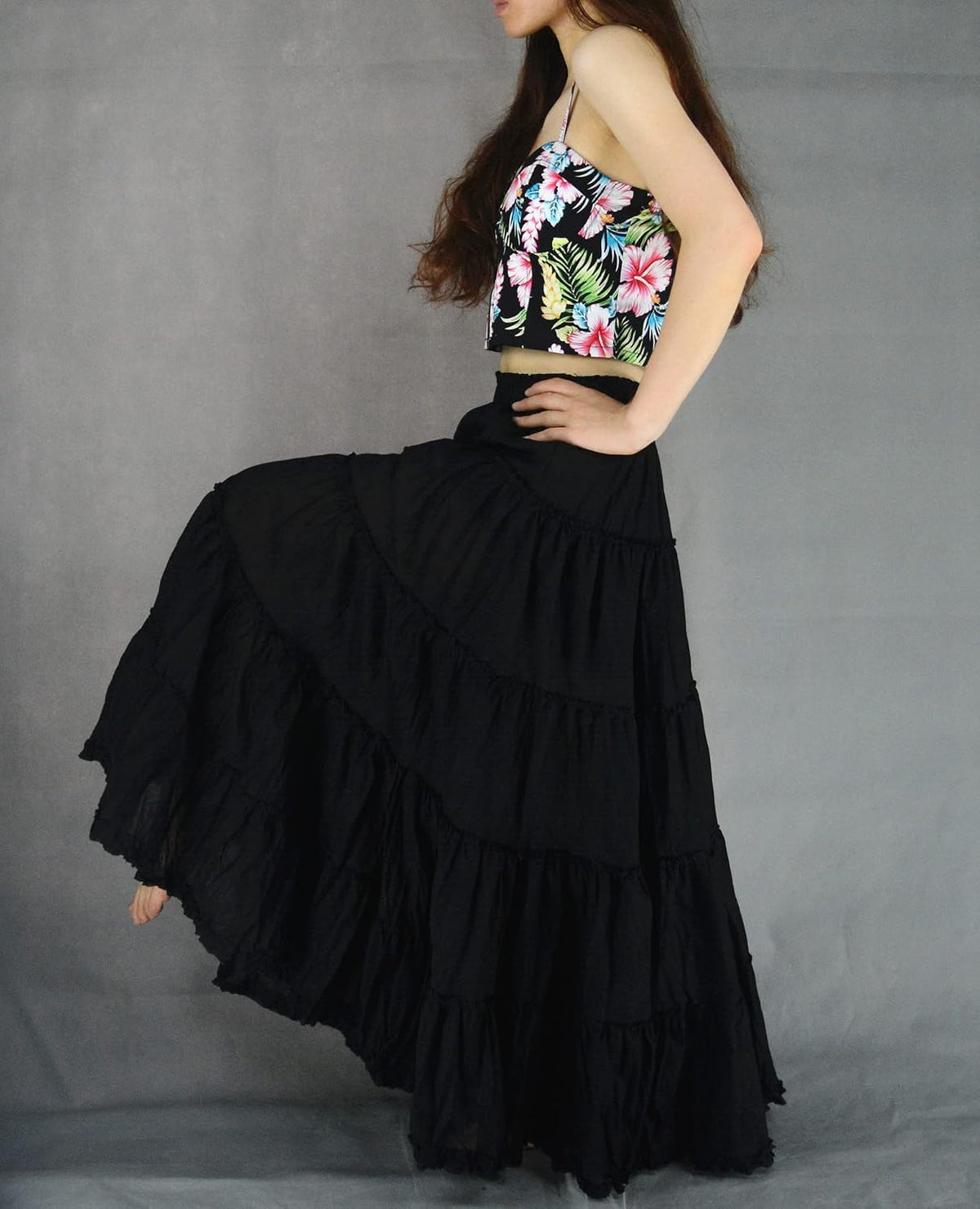 Women's Maxi Skirt Boho Pleated Cotton 5 Tiered Long A-Line Dance Skirts